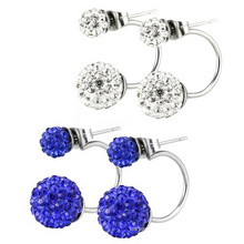 Stainless Steel Bling Bling Double Rhinestones Crystal Fireball Disco Ball Front Back Hoop Stud Earrings